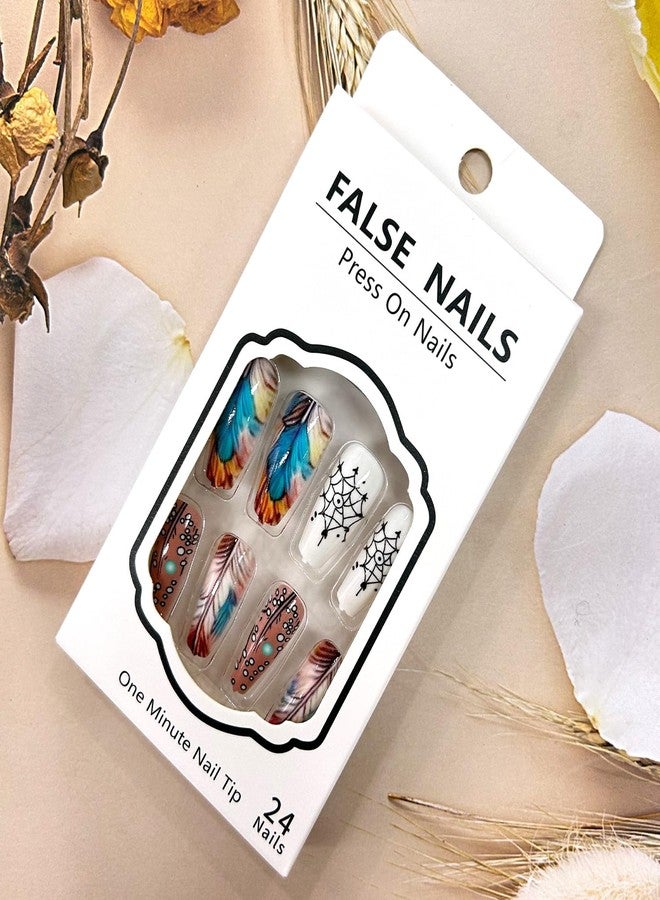 TBRZTR Press on Nails Medium Coluful Feather False Nails Cute Wind Chimes Pattern Design Ballet Shaped Nails Artificial Coffin Nails Full Cover Stick on Nails Glossy Accrylic Glue on Nails for Women - Image 5